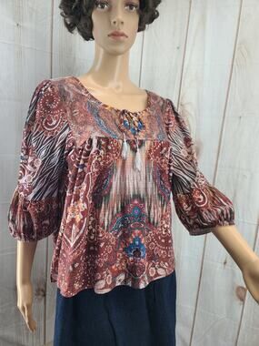 One World Women PXL Bohemian Peasant Top Blouse 3/4 Puff Sleeves Paisley Print